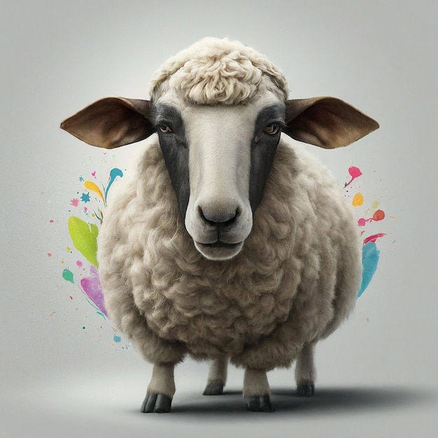 a sheep with a black face and a colorful background with colorful circles and a multicolored circle