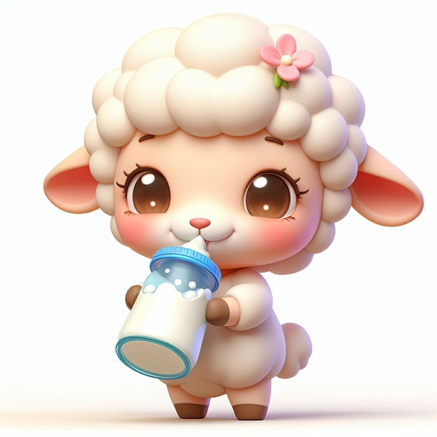 a sheep with a bottle of milk in front of it