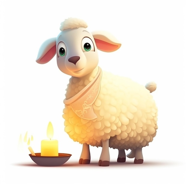 A sheep with a candle is standing next to it.