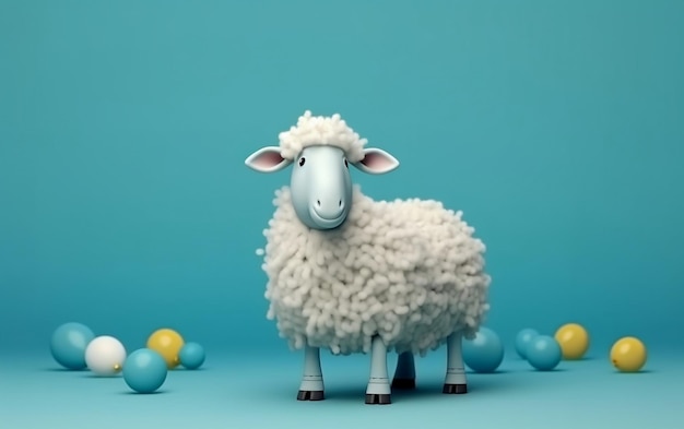 Sheep with colorful balloons on blue background Generative Ai