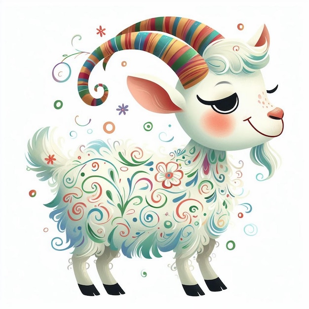 a sheep with a colorful hat on its head is shown with colorful flowers