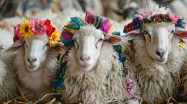 a sheep with a colorful head band on its head