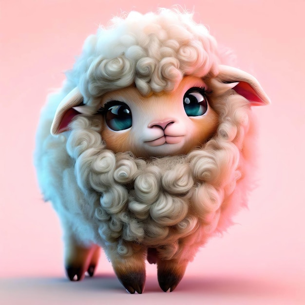 A sheep with curly hair and blue eyes walks on a pink background.