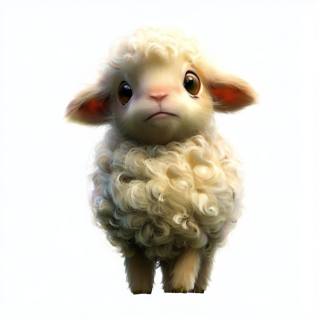 A sheep with curly hair and a pink nose is standing in front of a white background.