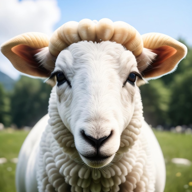 A sheep with a curly neck and a cloudy sky on the background.