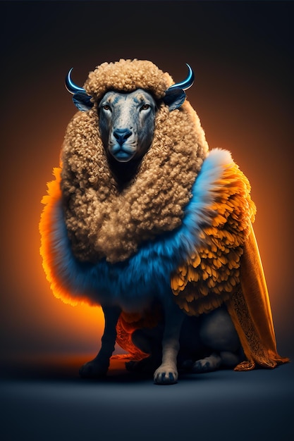 A sheep with a fluffy coat is sitting on a dark background