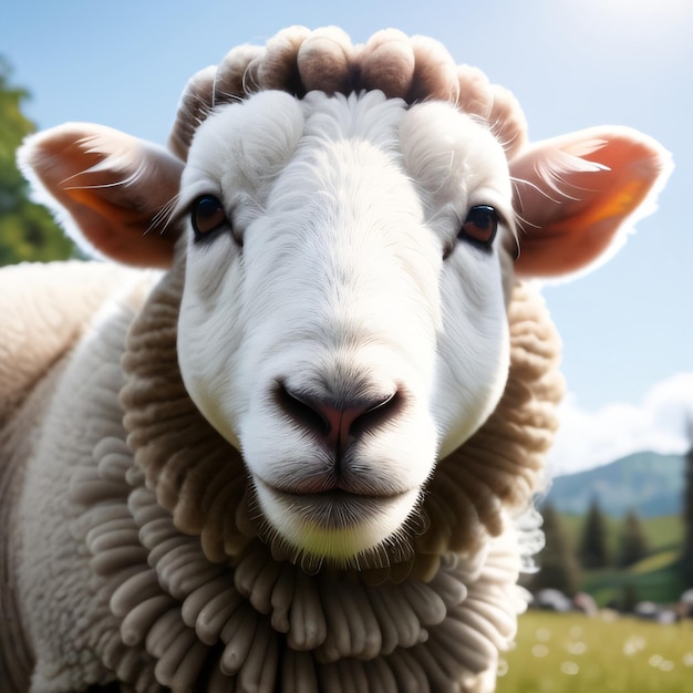 A sheep with a fluffy collar and a large earring is standing in a field.