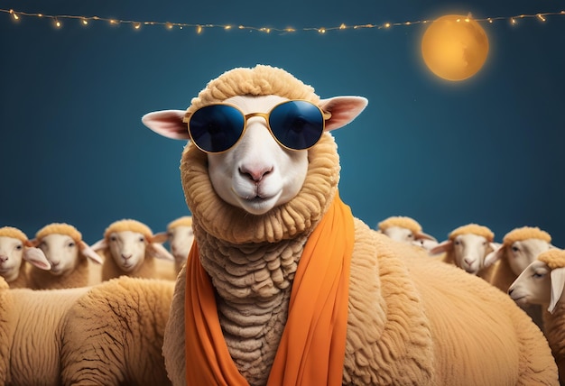 A sheep with glasses and a scarf with other sheep