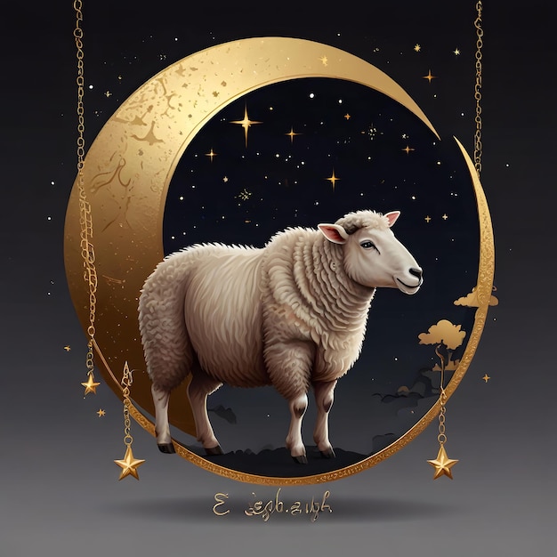 a sheep with a golden frame and stars in the background