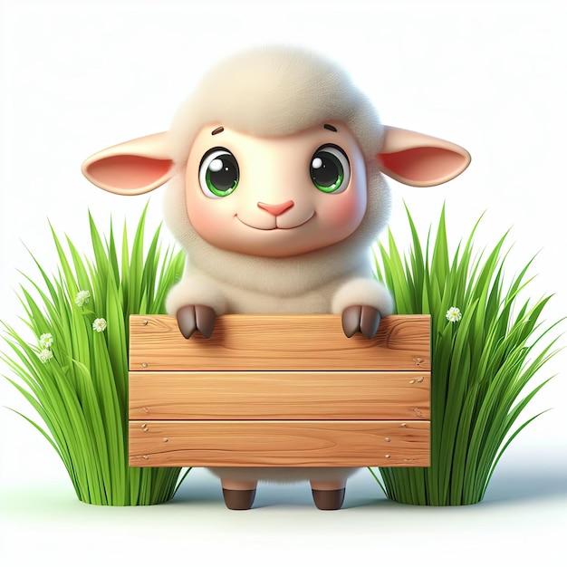 a sheep with green eyes and a wooden sign that says quot sheep quot