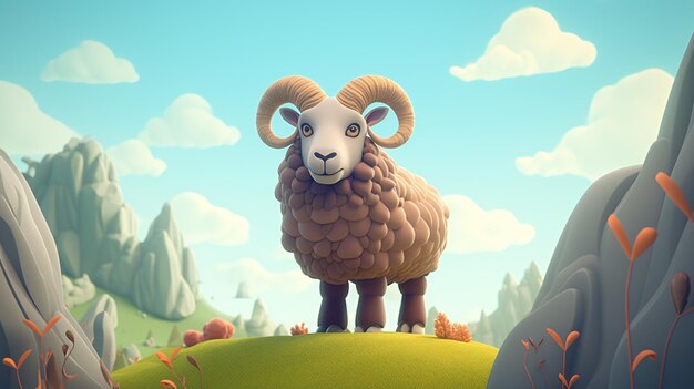 a sheep with horns on a hill with a mountain in the background