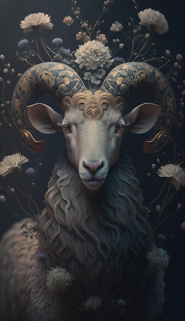 A sheep with horns is shown in this painting.