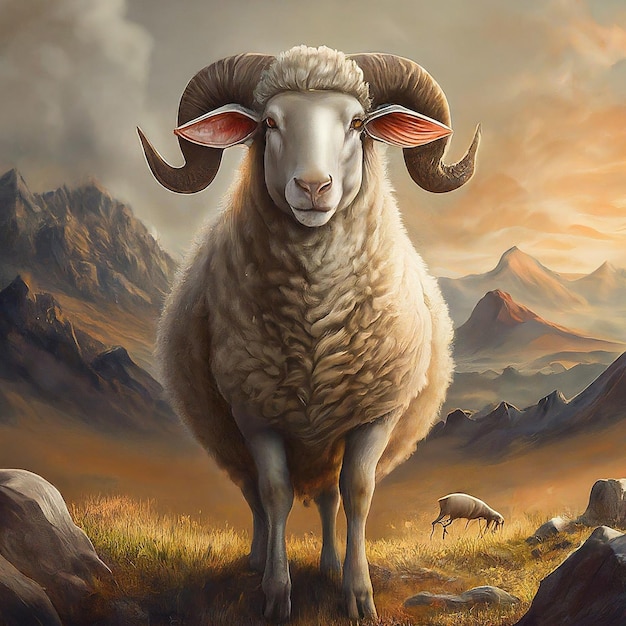 a sheep with horns is standing in a field with mountains in the background