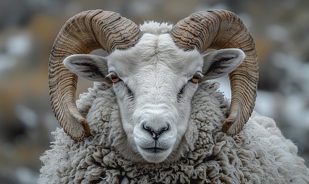 a sheep with horns that has a tag on it