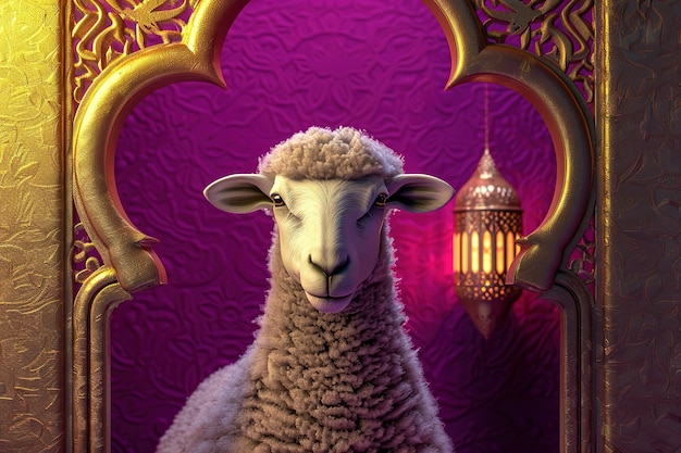 Sheep with lantern in the golden interior room 3D illustration Ai Generative