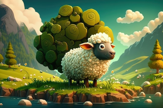 A sheep with a large green leaf on its back stands on a hill in front of a mountain.