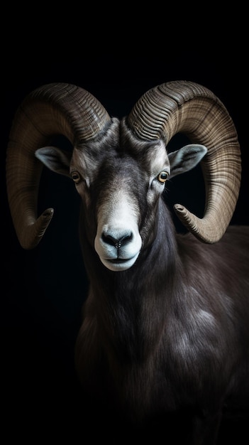 A sheep with large horns is shown in this illustration.