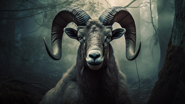 A sheep with large horns stands in a dark forest.