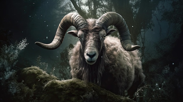 A sheep with large horns stands in a forest.