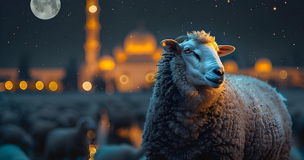 Sheep with lightning background for design Eid al Adha sale post for social media