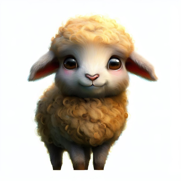 A sheep with a pink nose is standing in front of a white background.