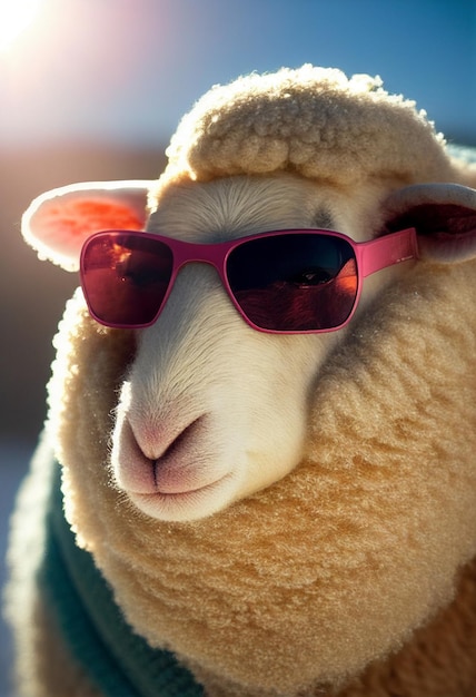 Sheep with pink wool wearing sunglasses AI Generated