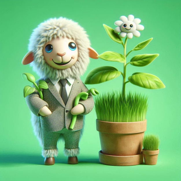 a sheep with a plant in the pot and a flower pot