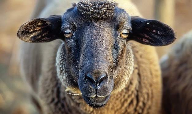 a sheep with a tag on its ear is looking at the camera