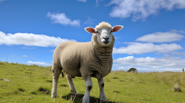 a sheep with a tag on its ear stands in a field