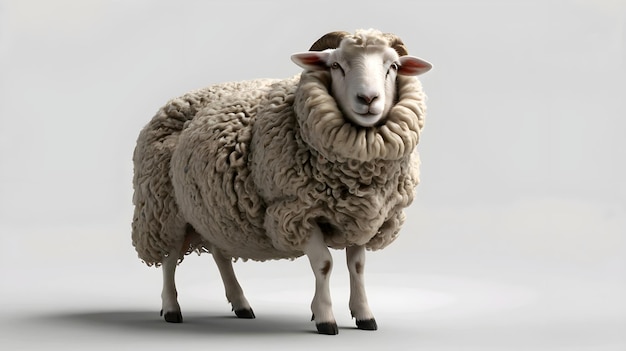 a sheep with a tag on its ear stands on a gray background