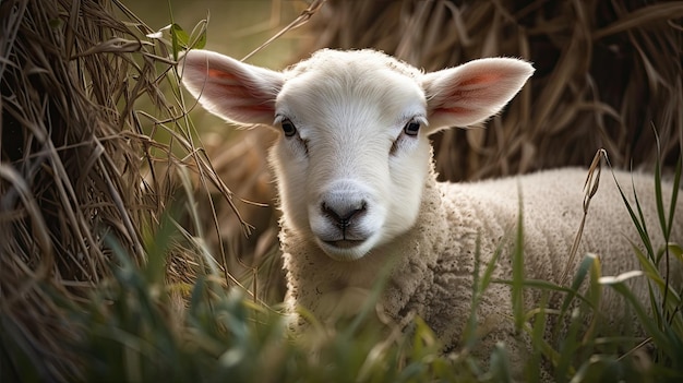 A sheep with a white face and black eyes is standing in the grass.