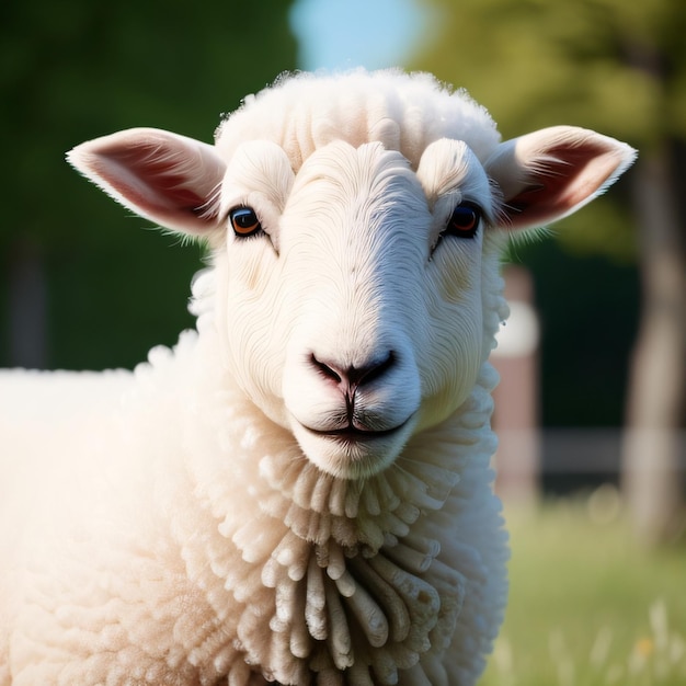 A sheep with a white face and a black nose is standing in a field.