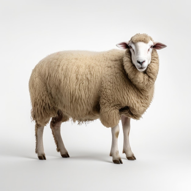 A sheep with a white face and a black nose is standing in front of a white background.