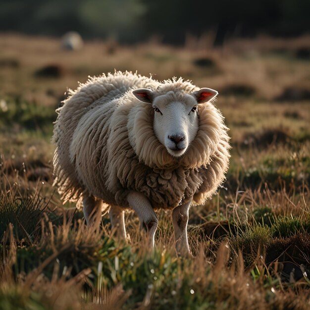 Photo a sheep with a white face and a black nose stands in a field