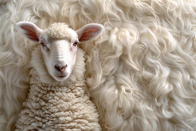 Photo a sheep with a white wool coat laying on a white cloth