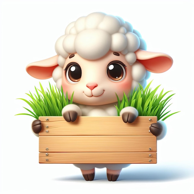 a sheep with a wooden board that says sheep on it