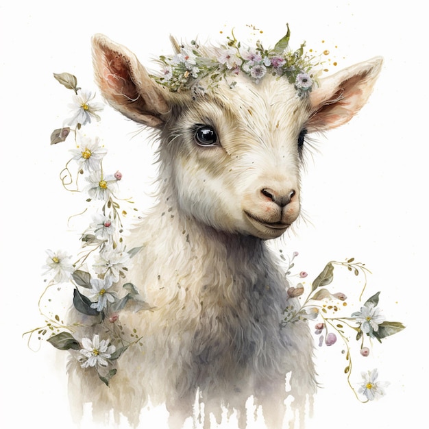 A sheep with a wreath of flowers on it