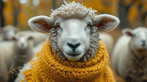 a sheep with a yellow scarf that has a sheep on it