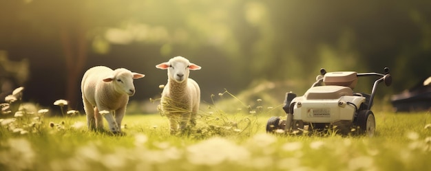 Sheeps in garden with a lawnmower bokeh background sunlight panorama Generative Ai