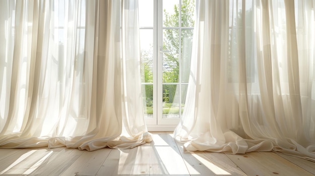 Sheer curtains with sunlight streaming through window onto wooden floor