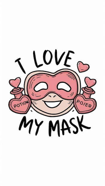 Photo sheet mask with a hearts love my cartoon style facial skin care hand drawn