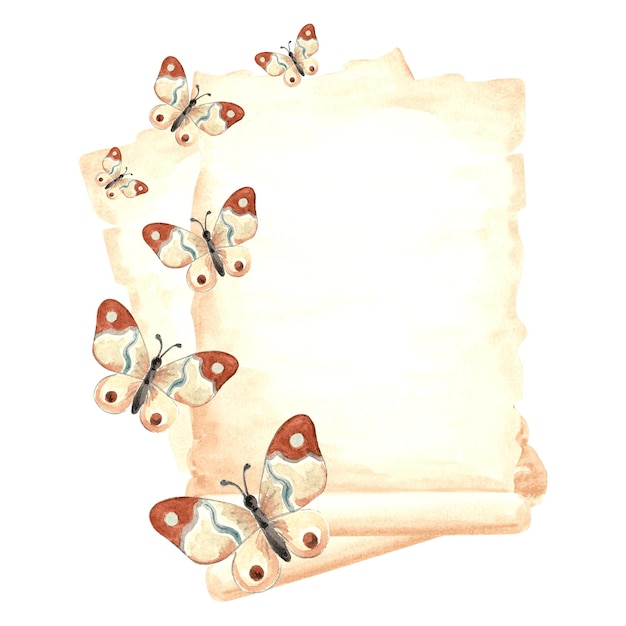 Sheets of vintage parchment handwritten paper with fluttering butterflies hand drawn watercolor