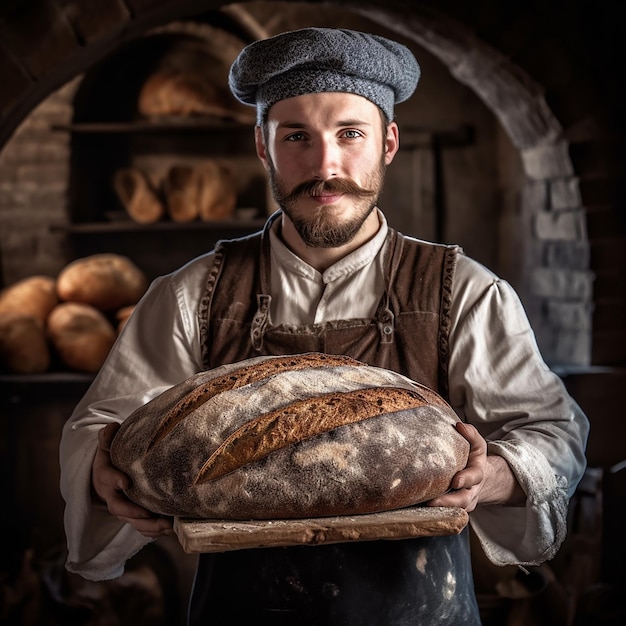 Sheff holding a big piece of bread in the kitchen