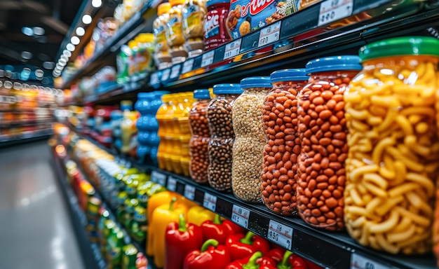 A shelf of canned goods with a yellow jar of pickles in the middle