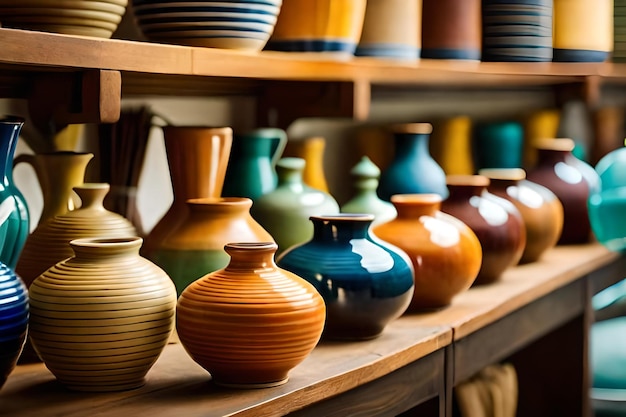 A shelf of different colored vases with one that says " vase " on it.