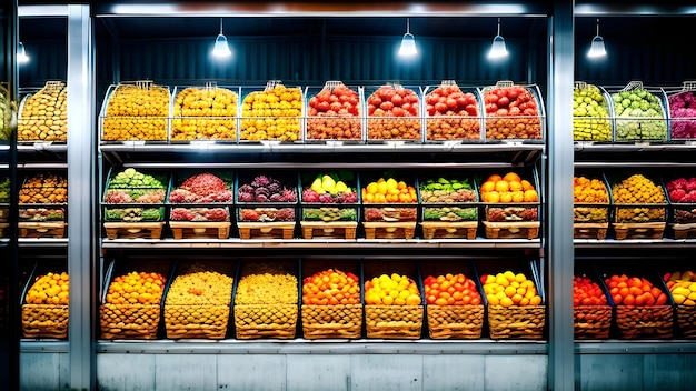 A shelf of different fruits and vegetablesin a store