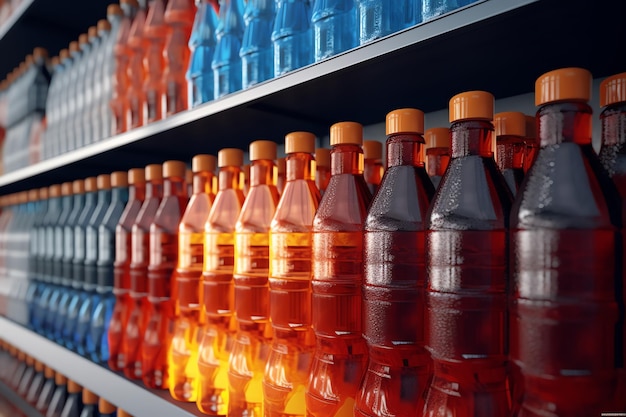 A shelf of drinks with different colors