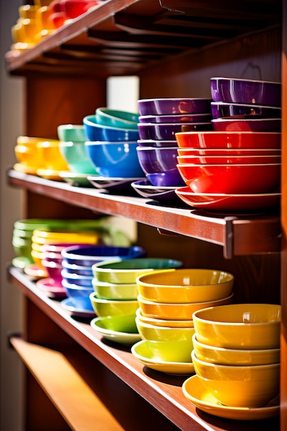 Shelf filled with lots of colorful bowls on top of wooden shelves Generative AI