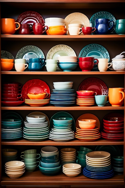 Shelf filled with lots of different colored plates and bowls Generative AI