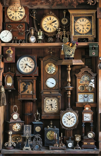 Photo a shelf filled with lots of different types of clocks